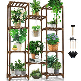 Uneedem plant stand front view showing full 10-tier shelving and organized pots for space-saving display