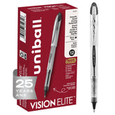 uni-ball Vision Elite frontal pack muestra 12 bolígrafos negros, ideal para oficina