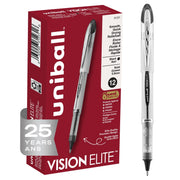 uni-ball Vision Elite frontal pack muestra 12 bolígrafos negros, ideal para oficina