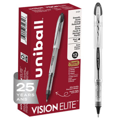 uni-ball Vision Elite frontal pack muestra 12 bolígrafos negros, ideal para oficina