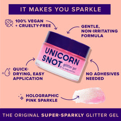 UNICORN SNOT textura del gel holográfico en primer plano, revela brillo y fácil aplicación