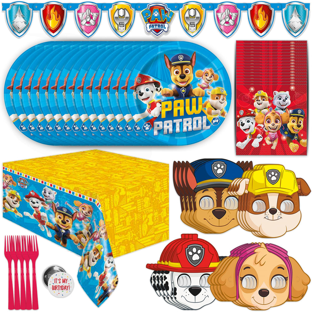 Unique Paw Patrol paquete frontal mostrando todos los elementos para una fiesta completa