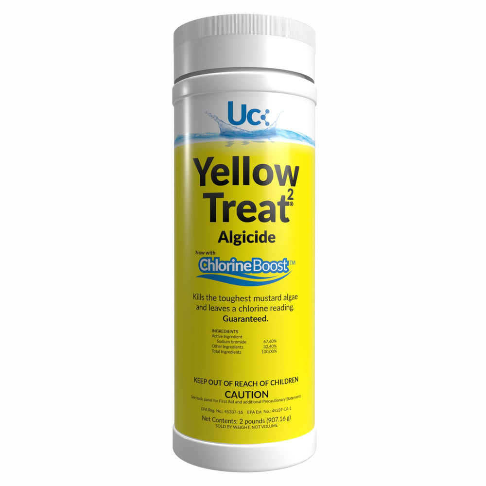 United Chemical Yellow Treat front packaging showing label and dosage, helps fast algae removal