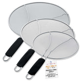 U.S. Kitchen Supply front view of three splatter guards showing sizes and finish, reduces mess