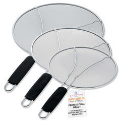 U.S. Kitchen Supply front view of three splatter guards showing sizes and finish, reduces mess