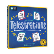 USAOPOLY front box showing colorful Telestrations packaging and quick game benefit