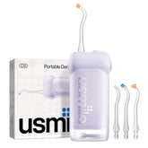 usmile vista frontal del irrigador morado, compacto y portátil