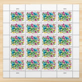 United States Postal Service front sheet of Celebration Blooms showing colorful floral layout and usable value