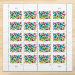 United States Postal Service front sheet showing two sheets of Celebration Blooms stamps, decorative and ready