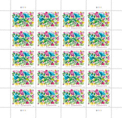 United States Postal Service Celebration Blooms stamps applied to an RSVP envelope, enhancing presentation