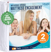 Utopia Bedding empaque frontal mostrando pack de 2 protectores, protección inmediata