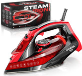 Utopia Home steam iron front view showing compact design and quick heat benefit
