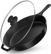 Utopia Kitchen 12-inch skillet front view showing durable black cast iron and lid benefit