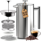 Utopia Kitchen front view of stainless steel French press shows sleek durable design and capacity
