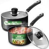 Utopia Kitchen front view of two-piece saucepan set showing lids and bases, convenient storage benefit