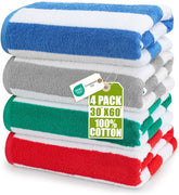 Utopia Towels front view of four-pack showing striped cabana design and value