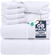 Utopia Towels paquete frontal mostrando las 8 piezas y su color blanco
