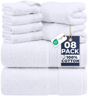 Utopia Towels paquete frontal mostrando las 8 piezas y su color blanco