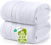 Utopia Towels frente del pack de 2 toallas blancas mostrando tamaño