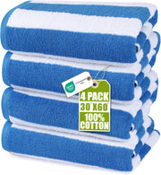 Utopia Towels front pack shows four blue cabana towels and easy selection benefit