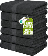 Utopia Towels front packaging showing six grey towels and neat fold benefit: ready supply