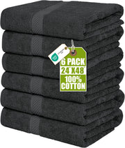 Utopia Towels front packaging showing six grey towels and neat fold benefit: ready supply
