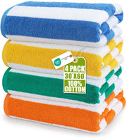 Utopia Towels front packaging showing four striped oversized towels, ready to use