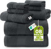 Utopia Towels front packed set showing grey towels and complete eight-piece collection