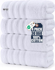 Utopia Towels front view showing four white XL towels and neat presentation benefit