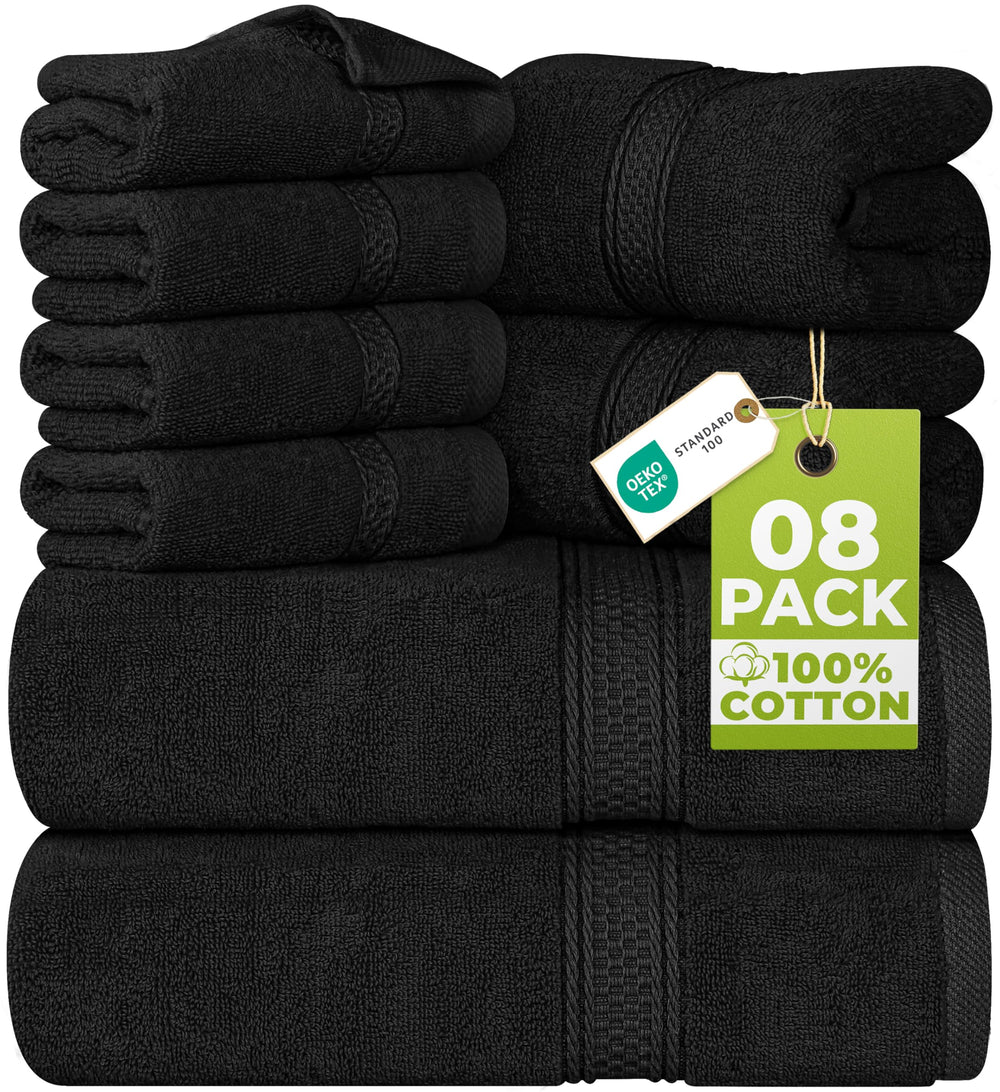 Utopia Towels vista frontal del empaque elegante, presenta el set completo y calidad