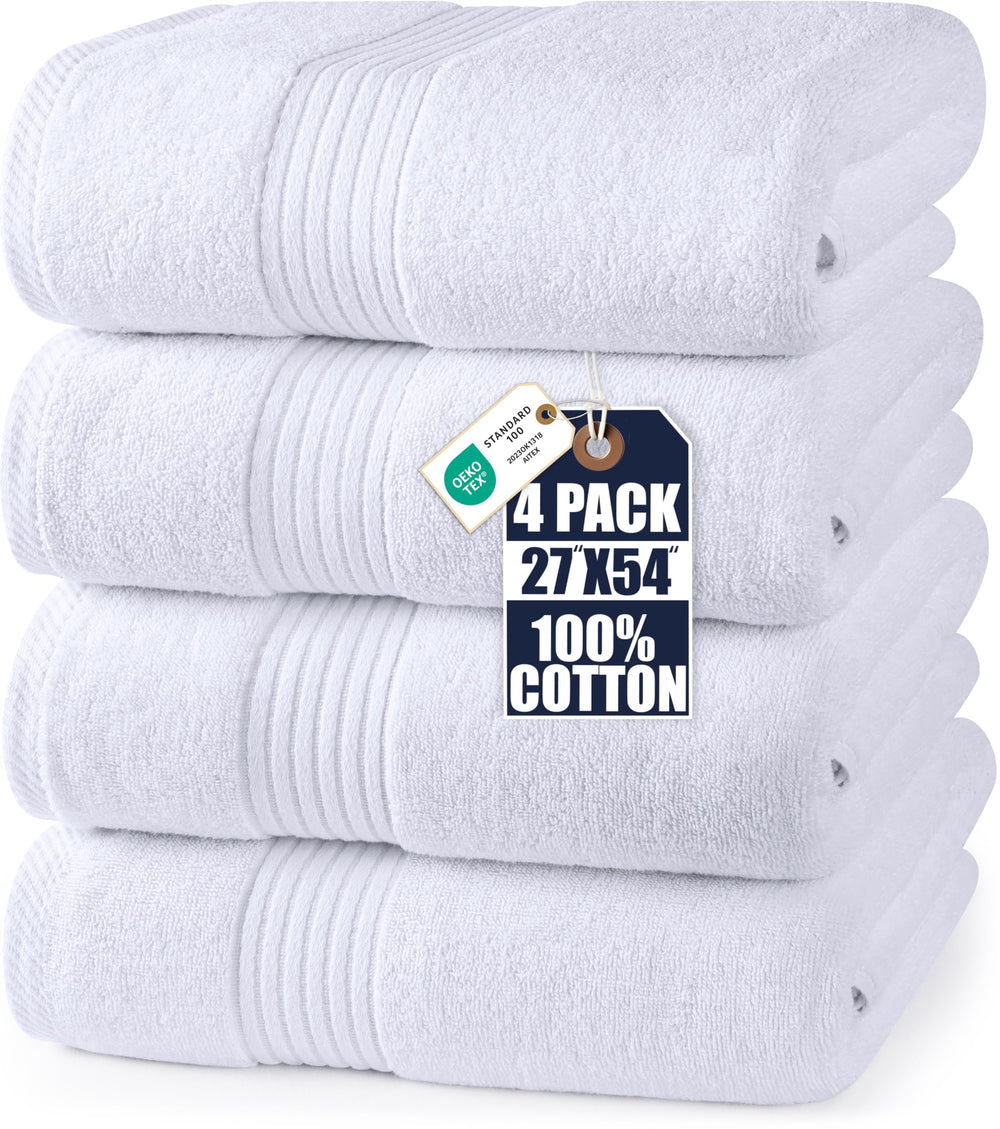 Utopia Towels vista frontal del juego de 4 toallas blancas mostrando presentación y tamaño