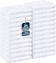 Utopia Towels vista frontal del paquete mostrando 24 toallas blancas y ventaja de stock