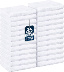 Utopia Towels vista frontal del paquete mostrando 24 toallas blancas y ventaja de stock