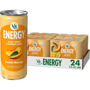 V8 lata frente vista clara con sabor durazno mango y refresco rápido