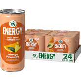 V8 lata frontal mostrando diseño y sabor naranja piña, refresco rápido