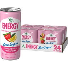 V8 Energy lata Strawberry Lemonade vista frontal con diseño llamativo y refrescante