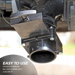 Valterra mounted on RV waste outlet, quick repair and no mess benefit
