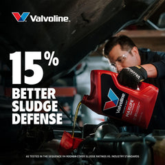 Valvoline envase lateral 5 QT con información de uso para motores de alto kilometraje