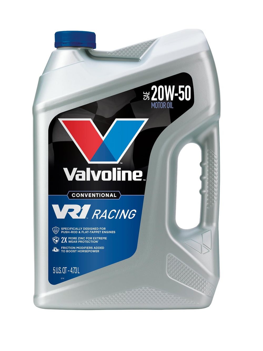Valvoline VR1 front label showing 5 QT jug and performance branding benefit