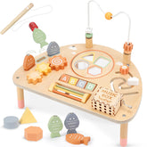 Vanplay front view of activity table showing all eight play stations and durability benefit