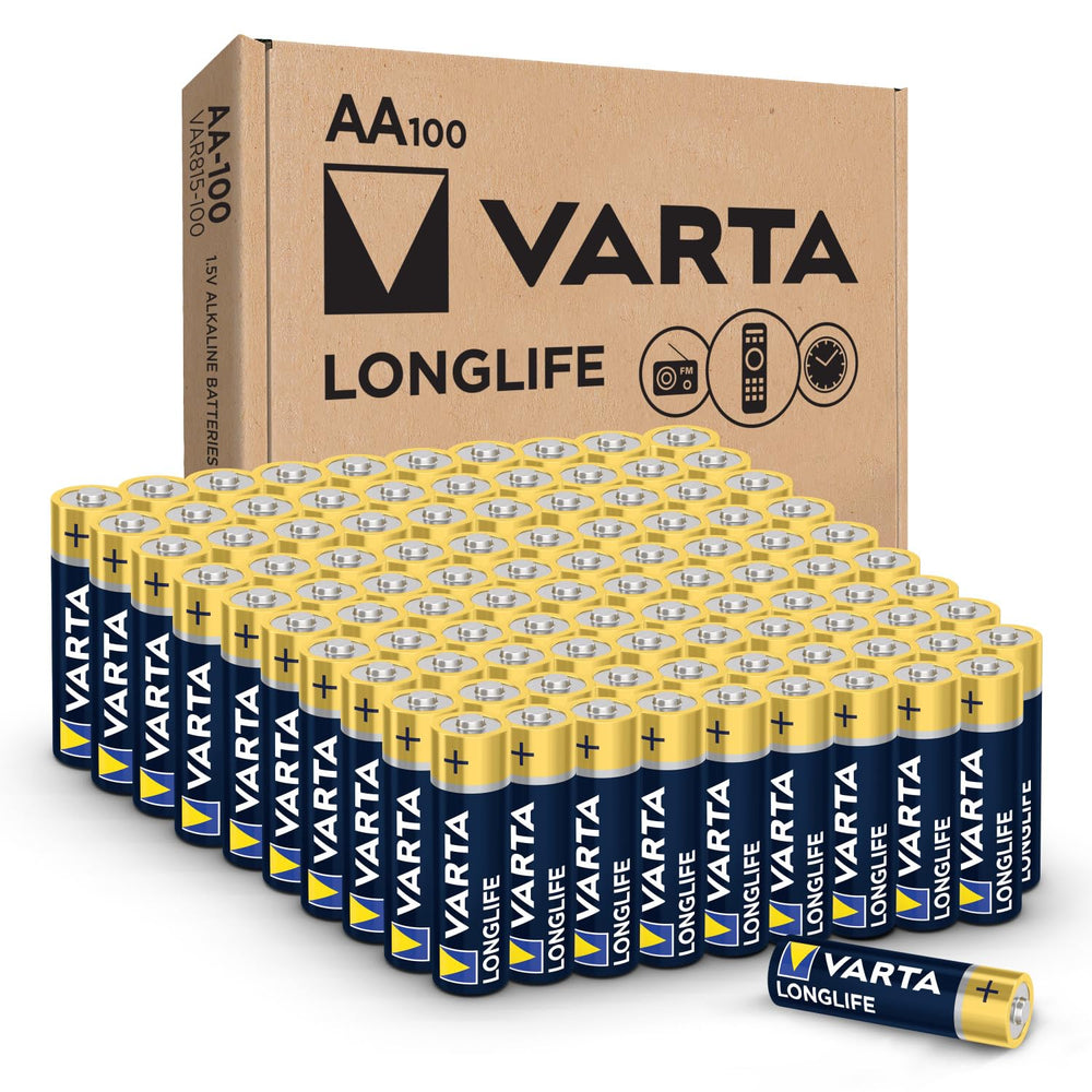 VARTA paquete delantero mostrando 100 pilas AA para almacenamiento prolongado