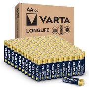 VARTA paquete delantero mostrando 100 pilas AA para almacenamiento prolongado