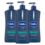 Vaseline front packaging of three 20.3 oz bottles showing value pack benefit