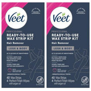 Veet frontal del envase mostrando tiras y beneficios suaves