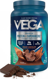 Vega product front tub showing premium protein plus supergreens benefits
