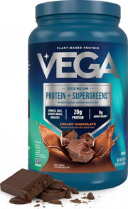 Vega product front tub showing premium protein plus supergreens benefits
