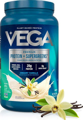 Vega jar front showing label and creamy vanilla benefit