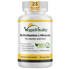 Vegan Vitality envase frontal resaltando ingredientes veganos y dosis completas
