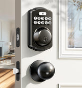 Veise front view of lockset showing matte black finish and keypad for curb appeal and security
