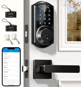 Veise matte black front view showing sleek lever and lock, offering stylish secure entry